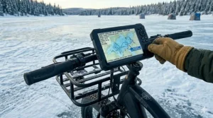 A foldable fat tire ebike designed for ice fishing being easily loaded into the bed of a pickup truck in a snowy Canadian parking lot.