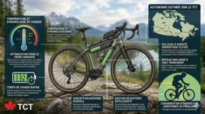 An infographic showing gravel ebike battery efficiency for long-distance trekking across varied Canadian provinces.