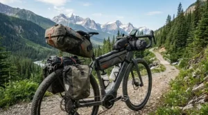 Diagram showing a gravel ebike for remote areas loaded with camping gear for a cross-Canada trek.