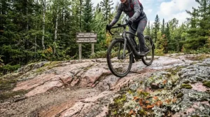 Illustration of the best gravel ebike handling the rugged, rocky terrain of the Canadian Shield in Ontario.