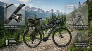 Structural diagram of a gravel ebike for remote areas emphasizing comfort for long-distance Canadian gravel racing.
