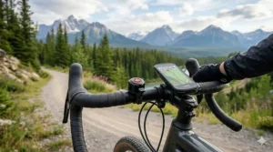 A handlebar-mounted bell and GPS unit on a gravel ebike, essential for safety when riding remote Canadian trail sections.