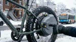 Illustration of a high-torque motor type for winter e-bikes climbing a steep, snow-covered Canadian mountain trail.