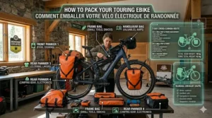Diagram of the best touring ebike setup including racks, fenders, and gear for a cross-Canada cycling trip.