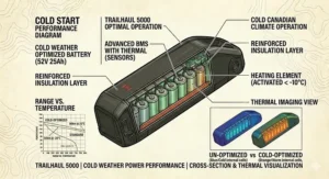Performance graph showing the long-range battery capability of a hunting ebike with cargo capacity in cold Canadian temperatures.