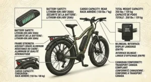 Comparison illustration of camouflage patterns for a hunting ebike with cargo capacity suitable for varied Canadian wilderness environments.