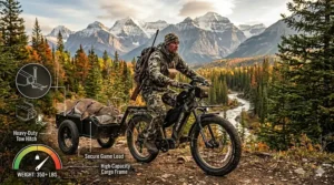 Illustration of a heavy-duty trailer attached to the best hunting ebike for hauling elk or deer out of the woods.