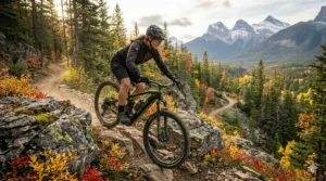 Infographic comparing the weight of a carbon fiber XC electric mountain bike to traditional alloy models.