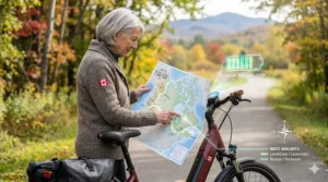 Digital map of Canada showing a long-range touring ebike battery capacity for extended rides through the Laurentians.