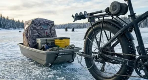 A fat tire ebike parked next to a drilled ice fishing hole and a pop-up shelter, showcasing the complete "pêche sur glace" setup.