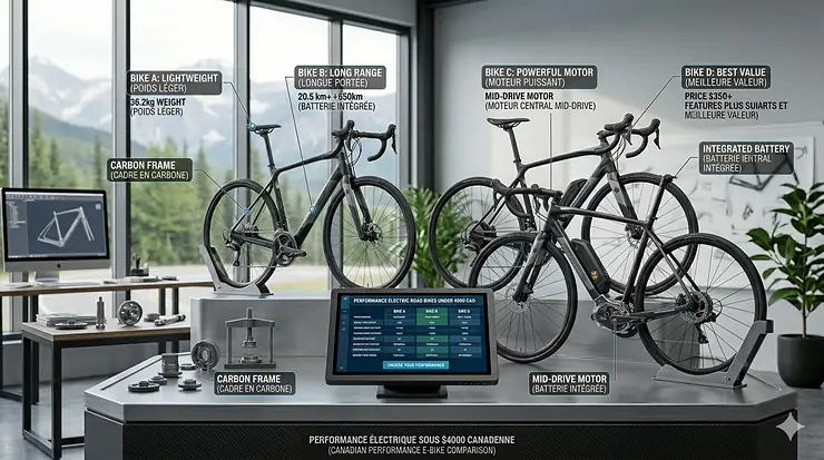 High-performance electric road bike under 4000 dollars on a scenic paved path in the Canadian Rockies.