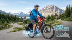 Mid-drive motor illustration demonstrating how a touring ebike for senior riders easily tackles steep Canadian terrain.
