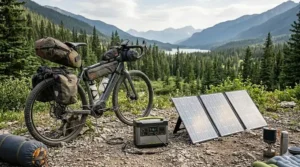 Illustration of off-grid charging solutions for a gravel ebike used in remote areas of Northern Canada.