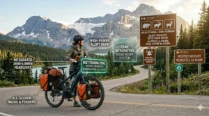 Illustration of an ebike equipped with a loud bell and safety lights for touring through Canadian provincial parks.