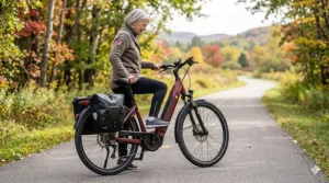 A low-step touring ebike for senior riders highlighting easy mounting and ergonomic seating for long-distance Canadian trails.