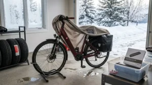 Illustration showing proper indoor storage of touring ebikes for senior riders during a typical Canadian winter.