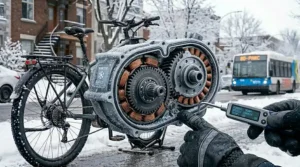 Illustration showing how a motor's torque sensor helps prevent wheel spin on slippery Canadian slush and ice.