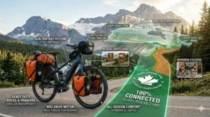 Illustration of a touring ebike icon moving along a map of the Trans-Canada Trail (Le Sentier Transcanadien).