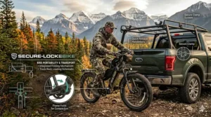 Illustration of a lightweight hunting ebike being secured to a pickup truck rack for a trip into the Yukon backcountry.