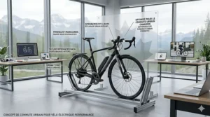 Graphic featuring a performance road e-bike with bilingual text: "Vélo de route électrique haute performance."