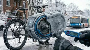 Close-up illustration of a weatherproofed e-bike motor housing designed to resist Canadian road salt and melting snow.