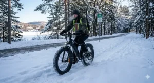 4 season fat tire electric bike navigating deep snow on a winter morning in Quebec.