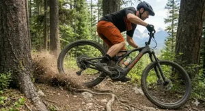Graphic showing an XC electric mountain bike under 4000 assisting a rider on a steep climb in the Gatineau Hills, Quebec.