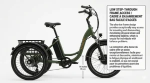 Illustration showcasing the rear drivetrain and wide three-wheel base of an electric trike, complete with a bilingual technical text call-out box explaining features for stability.