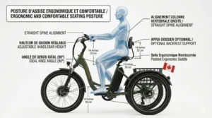 View from a rider’s perspective of ergonomic, wide-grip handlebars with textured grips, integrating safety lights, a control screen, an electric bell, and a thumb throttle, complete with bilingual technical labels.