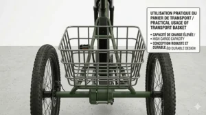 Close-up technical diagram of an electric tricycle's central frame and crank area, with bilingual labels and arrows explaining the function of the pedal-assist motor.