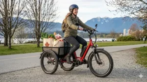 Illustration highlighting the durable tires and fenders of an electric trike with a large basket, designed for Canada's diverse weather conditions.