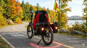 Close-up of rugged, all-terrain tires on a recumbent electric bike for handling Canadian trails, featuring bilingual branding.