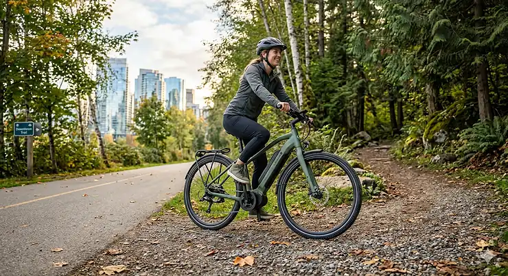 A versatile hybrid ebike for city and trails being ridden from a paved urban street onto a wooded Canadian park path.