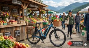 A split-screen illustration showing a hybrid ebike performing smoothly on both a paved Canadian city street and a rugged provincial park gravel trail.