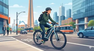 Illustration of the best hybrid ebike adapted for Canada, featuring studded winter tires and full fenders, navigating a snowy multi-use path.