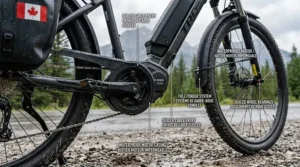 Map highlighting charging stations and routes for an electric bike for a cross-Canada trip. / Carte illustrant les bornes de recharge et les itinéraires pour un vélo électrique lors d'un voyage à travers le Canada.