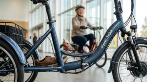A highly detailed, photorealistic close-up illustrating the comfortable ergonomic design of an electric trike for seniors, focusing on the oversized padded seat with a high backrest, swept-back handlebars, and clear LCD controls, set within a modern Canadian community centre.