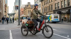 Illustration of a commuter using an electric trike with a large basket for urban travel in Canada, showcasing a sustainable alternative to cars.