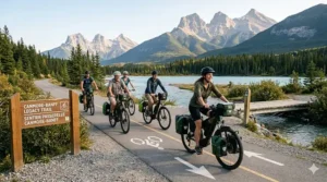 A group of cyclists on touring ebikes riding the paved Legacy Trail between Canmore and Banff.
