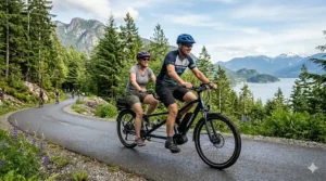 Tandem ebike showing individual motor assist settings for different fitness levels.