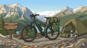 Close-up of heavy-duty suspension on a touring ebike navigating a gravel path in the Canadian Rockies.