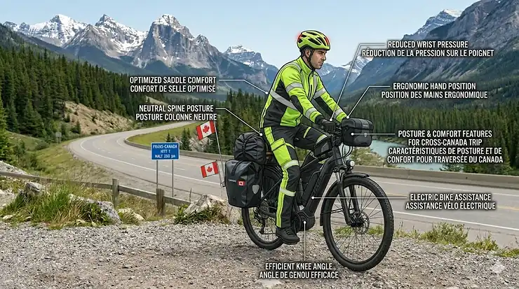 A touring electric bike for a cross-Canada trip parked on the shoulder of a scenic highway with mountains in the background. / Un vélo électrique de randonnée pour une traversée du Canada stationné sur le bord d'une route panoramique avec des montagnes en arrière-plan.