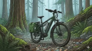 A touring ebike featuring safety decals in English and French for the Canadian market.