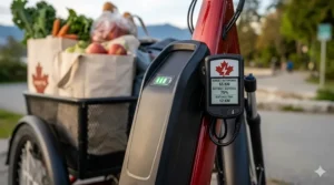 Graphic detailing the long-range battery of an electric trike with a large basket, showing distance capabilities in kilometers for Canadian riders.