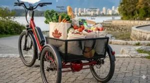 Technical illustration showing the storage volume of an electric trike with a large basket, highlighting its ability to carry heavy Canadian grocery loads.