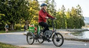 Profile view of an accessible grey foldable electric trike highlighting the low step-through design for easy mounting on a paved coastal trail.