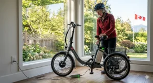 A woman plugging her foldable electric trike into a living room wall outlet to charge next to a large window overlooking a backyard with a Canadian flag.