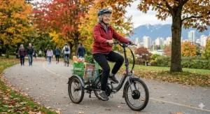 A smiling woman riding a foldable electric trike down a park path filled with autumn leaves, carrying a rear basket stocked with Sobeys grocery bags.