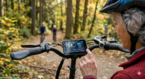 Rider's point-of-view of the handlebars, digital LCD console, and thumb throttle on a foldable electric trike while cycling on a wooded path.