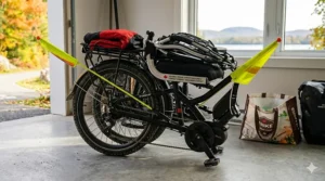 Close-up of the compact, folded recumbent electric bike stored in a modern garage, with a bilingual graphical